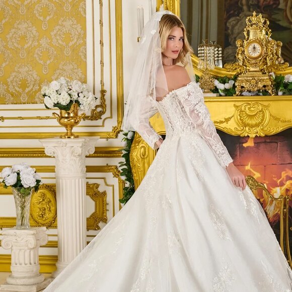 New Off The Shoulder Mesh Wedding Gown w/Floral Lace & Sheer Voned Bodice GL3824 - Picture 14 of 15